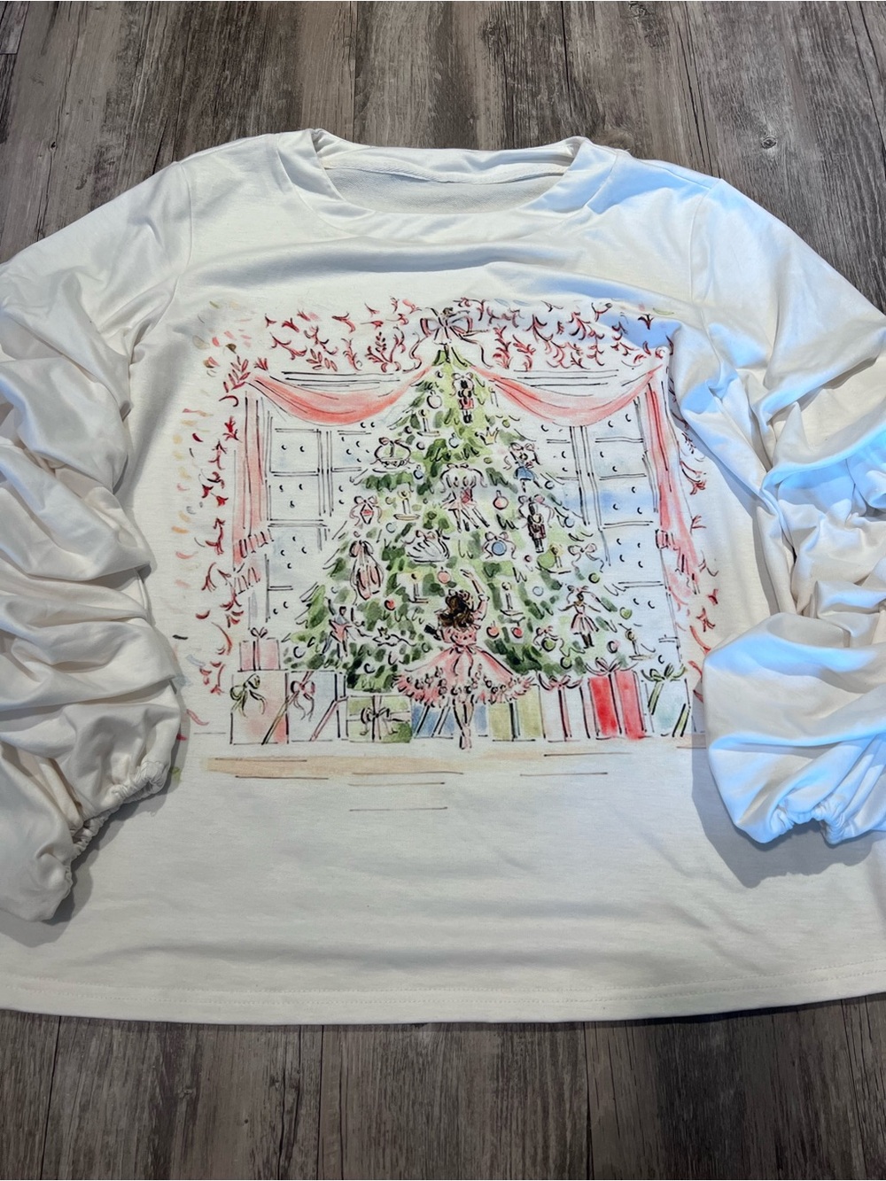 White long sleeve shirt with Christmas tree design. Size: XL
